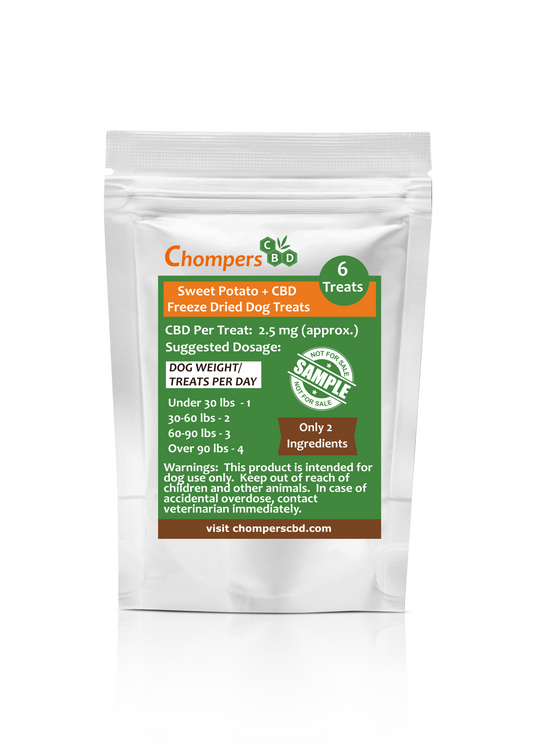 One Order Per Customer - 2 Sample Size Bags (12 treats total) Chompers CBD Sweet Potato and CBD Freeze Dried Dog Treats (Note:  Discounts do not apply to sample sized bags.)